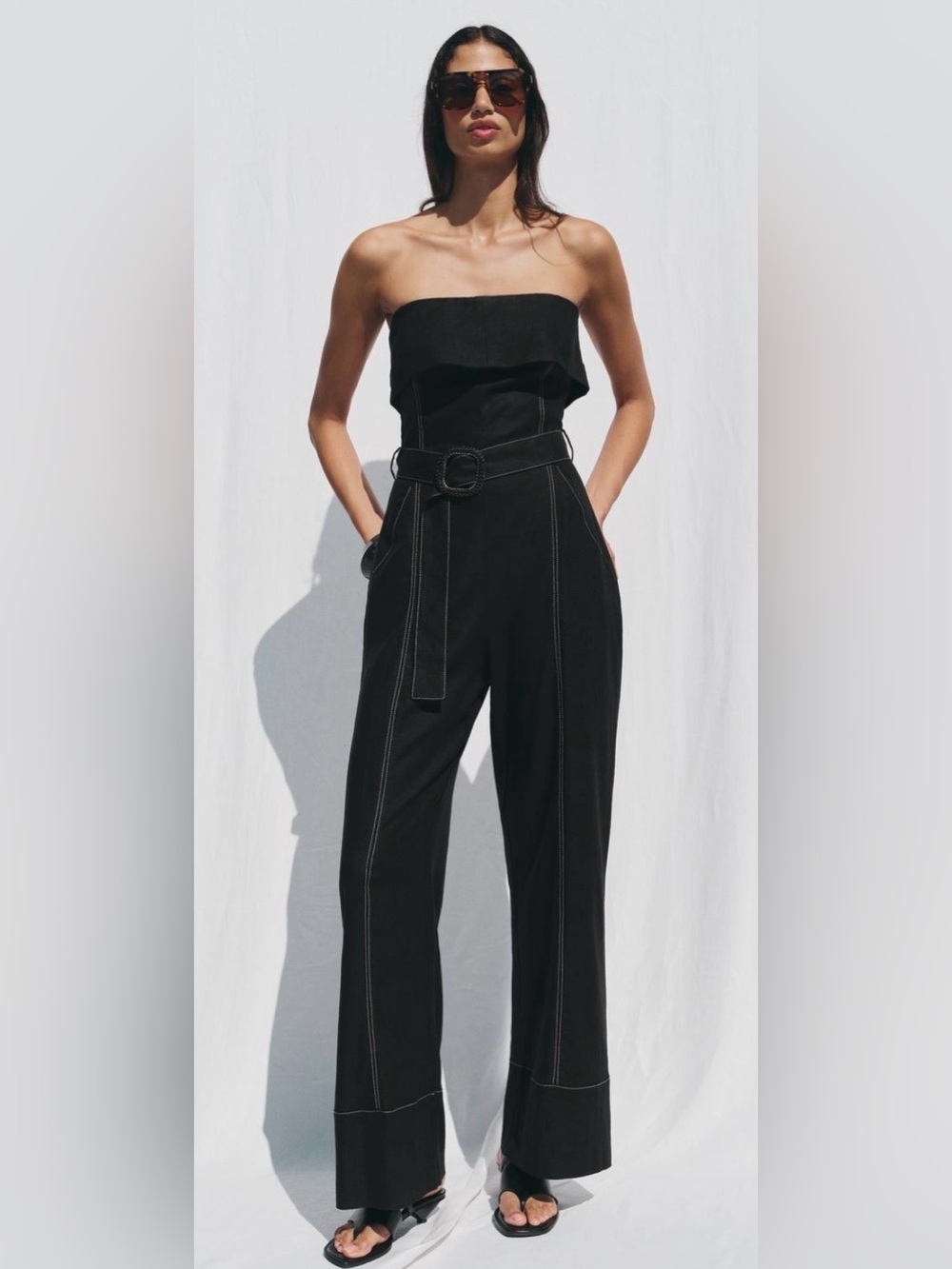 ZARA Black Strapless Linen Blend Belted Jumpsuit size medium - Picture 2 of 16